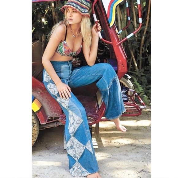 Free People We The Free In My Element Crochet Patchwork Wide Leg High Rise Jeans - Picture 1 of 12